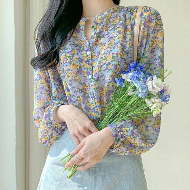 Áo Blouse Nữ Tay Dài Cổ Chữ O Dáng Suông Màu Trơn Thời Trang Mùa Hè