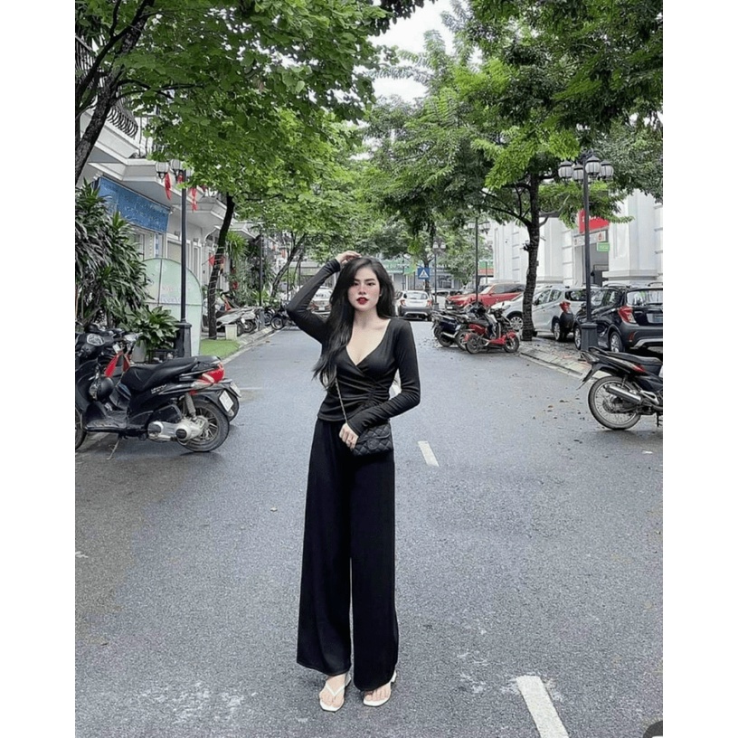 SÉT BỘ THUN GÂN ÁO CỔ Y TAY DÀI DÁNG ÔM PHỐI QUẦN DÀI ỐNG RỘNG CHUẨN GU THỜI TRANG UP Thời Trang hhp 2022