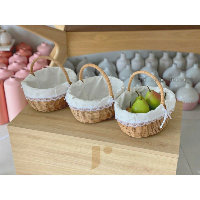 Giỏ mây picnic có lót trắng,  đựng đồ đa năng, decor, phụ kiện chụp ảnh trang trí