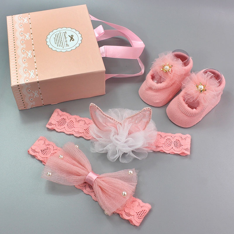 Set 3 Món Vớ Cotton Chống Trượt + Vớ Cotton Chống Trượt Đính Nơ Hoa + Băng Đô Cài Tóc Cho Bé Gái Sơ Sinh