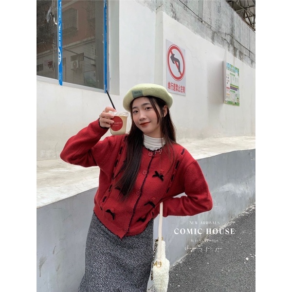 áo len cadigan nơ nhung Comic
