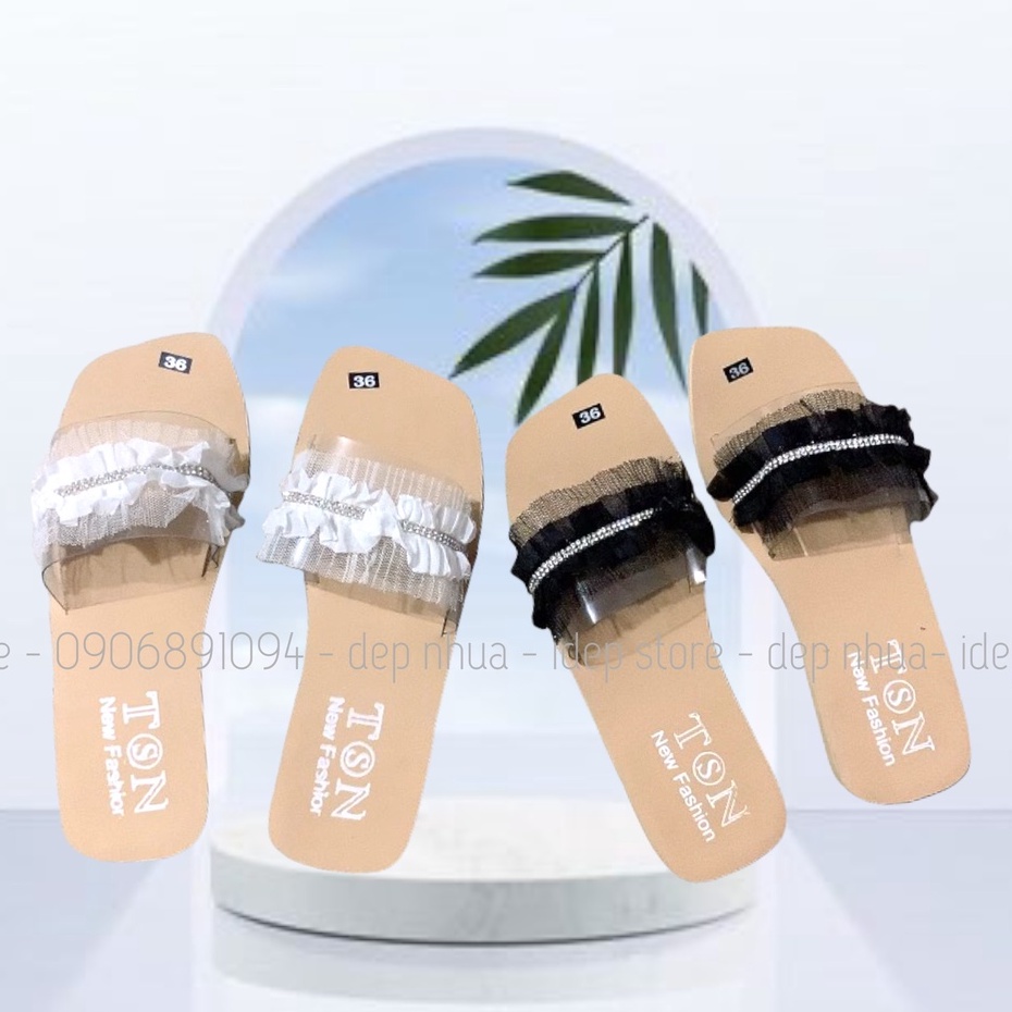 Dép nữ quai ngang trong bèo nhun nhúm đính cườm đế gỗ iDép- DL147