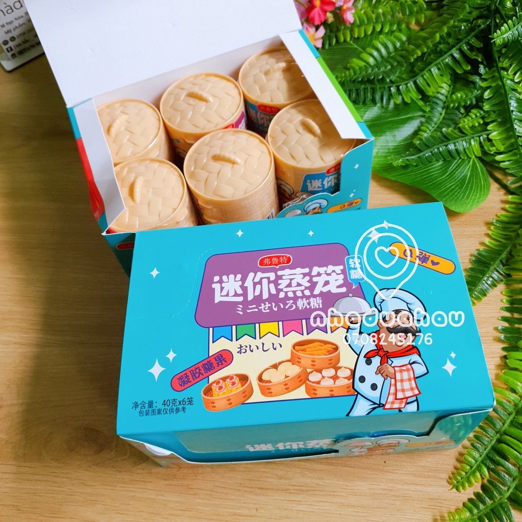 Một lốc gồm 6 cái kẹo dẻo đồ chơi hình xửng hấp bánh bao dimsum 4 tầng Đầu Bếp Hongkong cái 40gam