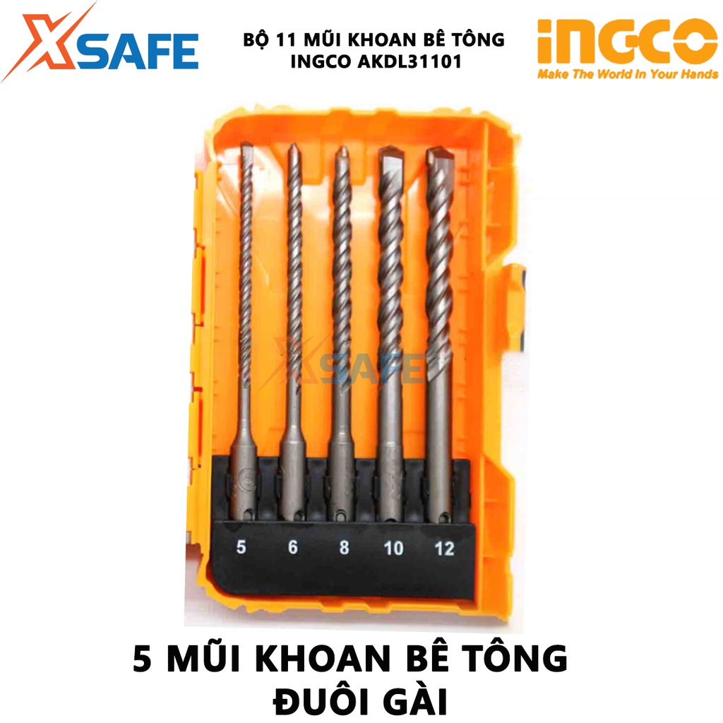 Bộ 11 mũi khoan bê tông đuôi trơn và đuôi gài INGCO AKDL31101 Bộ mũi khoan 11 chi tiết đuôi trơn và đuôi gài - [XSAFE]