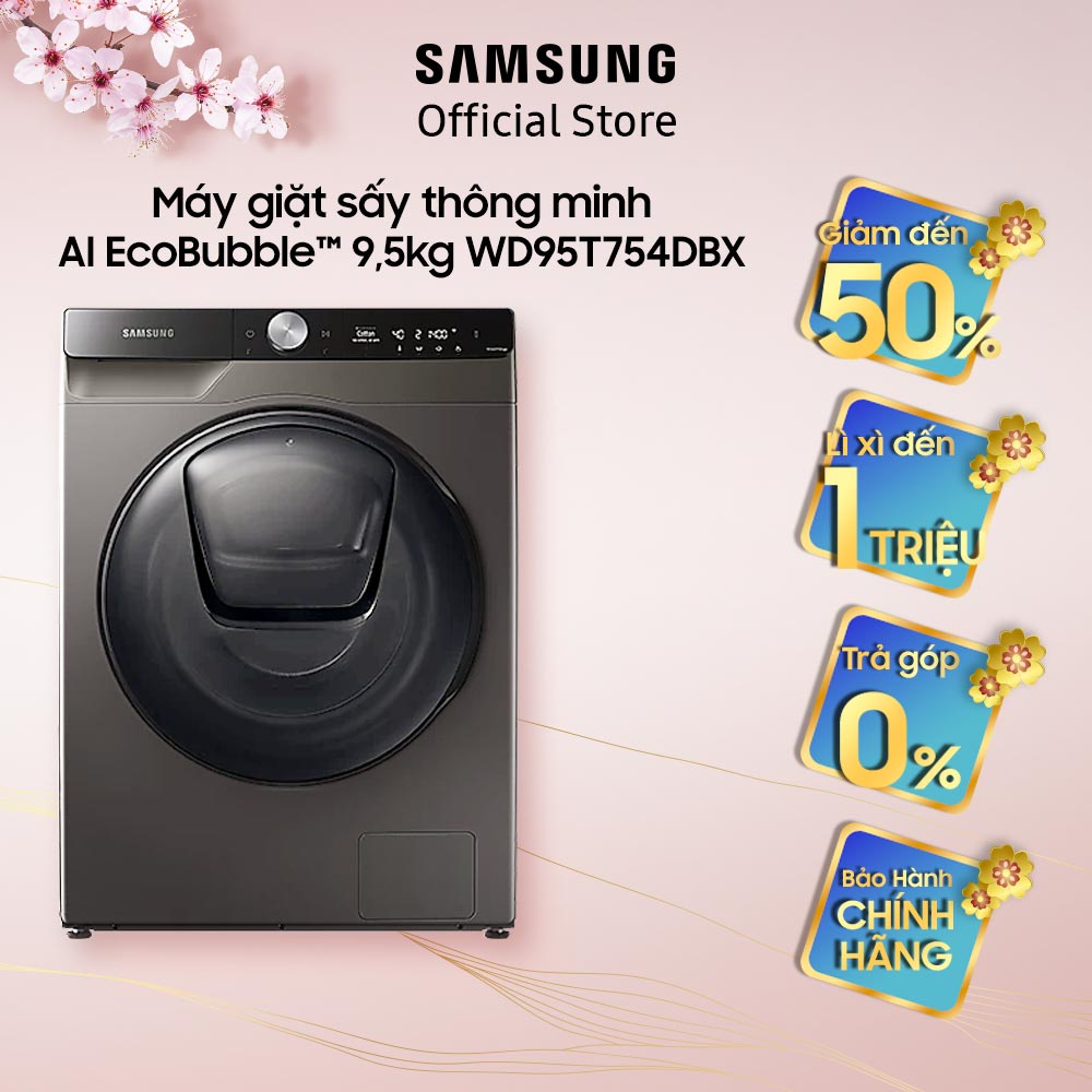 [Mã ELBAU7 giảm 7% đơn 5TR] Miễn phí công lắp đặt_Máy giặt sấy thông minh Samsung AI EcoBubble 9,5kg (WD95T754DBX)