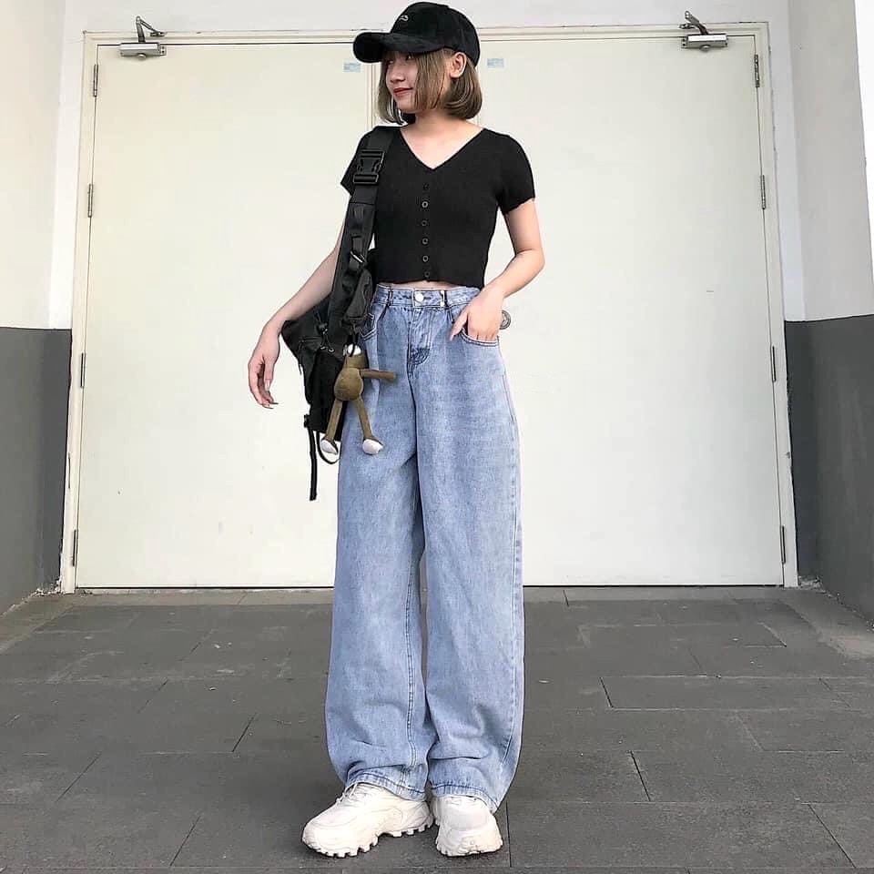 Quần Culottes Jean Thụng Móc Cài PEONYB Nữ [FREESHIP]  Jeans baggy bò dáng suông ống rộng, cạp cao năng động Ulzzang