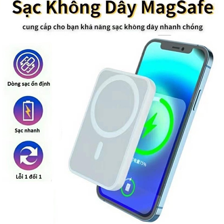 Sạc Không Dây magsafe, Sạc Dự Phòng Từ Tính, Sạc Nhanh Cho Iphone 8 / x/ xr/ 12/13 Pin 5000mah Mini Nhỏ Gọn Cao Cấp