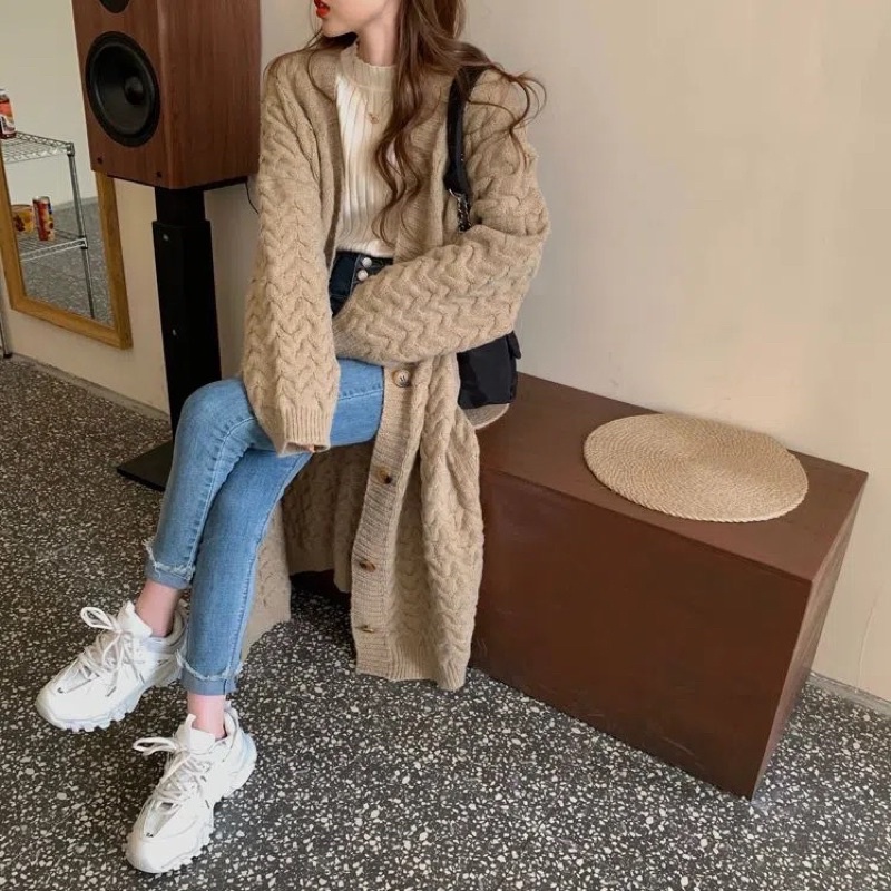 Áo Cardigan Len Nữ Dáng Dài Màu Be Nâu Đen Phom Rộng, Áo Khoác Thu Đông Dài Tay Chất Len Thừng Loại 1 Cao Cấp
