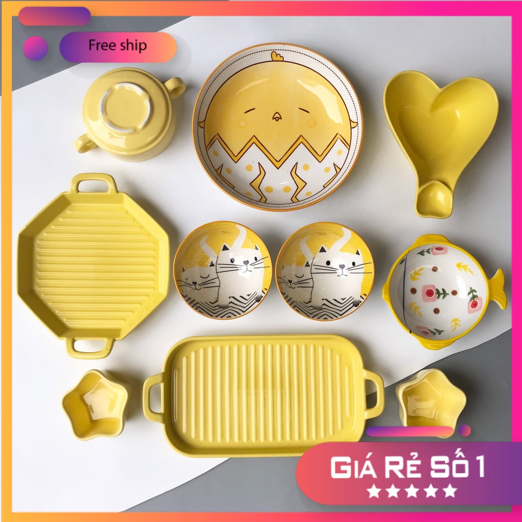 Set Bát Đĩa ⭐️VÀNG⭐️ Bát đĩa ăn cơm ăn mì, decor bàn ăn dễ thương