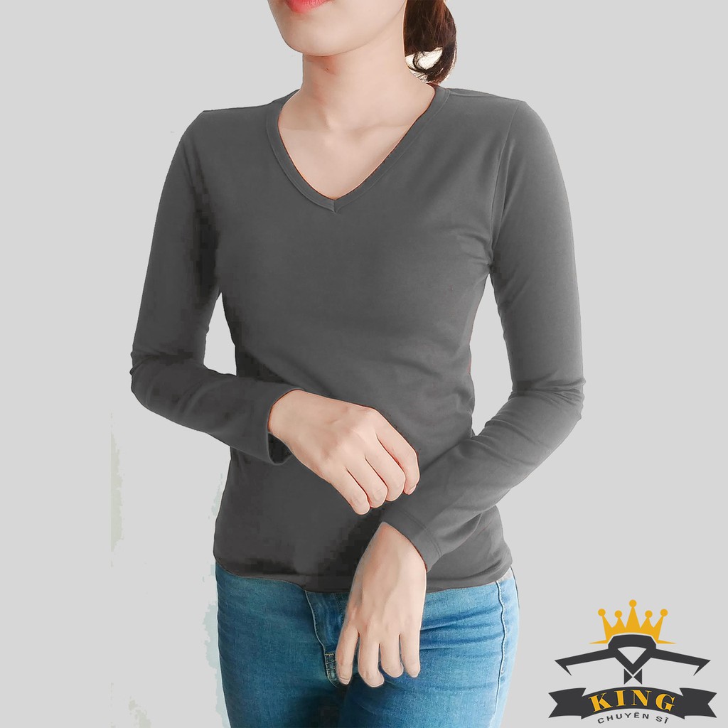 Áo cổ tim, Áo cổ V nữ KING Dáng dài tay, vải cotton co giãn 4 chiều thấm hút mồ hôi tốt form ôm body giá rẻ W06