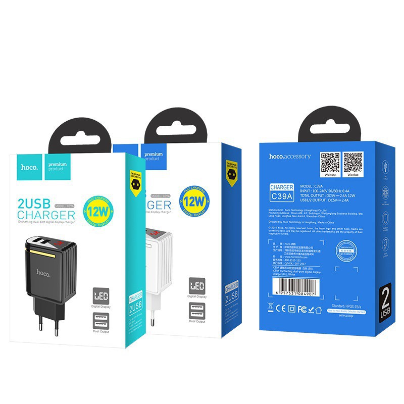 Củ Sạc Nhanh Hoco C39/C86💝CAO CẤP💝Cốc Sạc Hoco 2 Cổng USB Sạc Nhanh 2.4A Có Đèn Led Hiển Thị - Bảo Hành Chính Hãng 12T