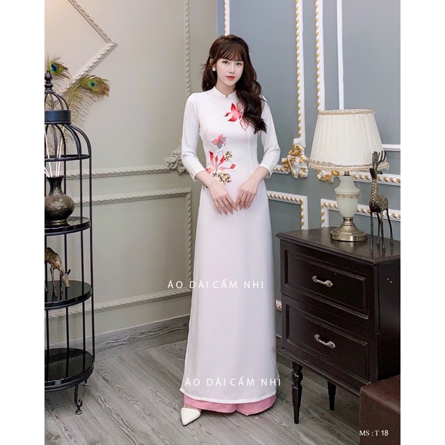 Mã T18 - Áo dài trắng thêu hoa gạo đẹp, Áo dài thêu cao cấp