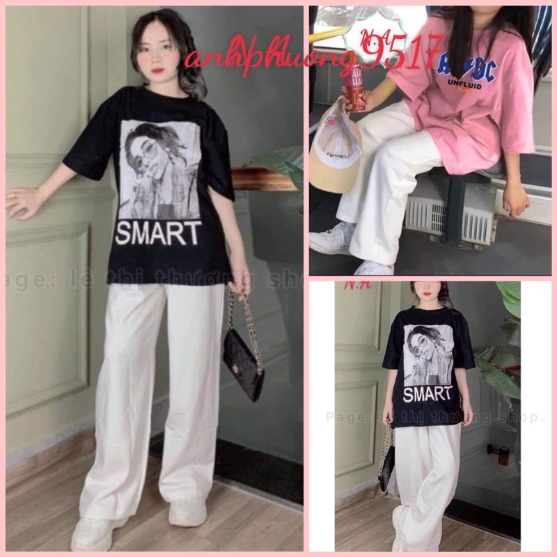 Set Quần Dài Trắng suông Áo ABCD, Cô Gái Nữ [FREESHIP] Bộ đồ culottes trơn  kèm thun form rộng tay lỡ in hình Ulzzang