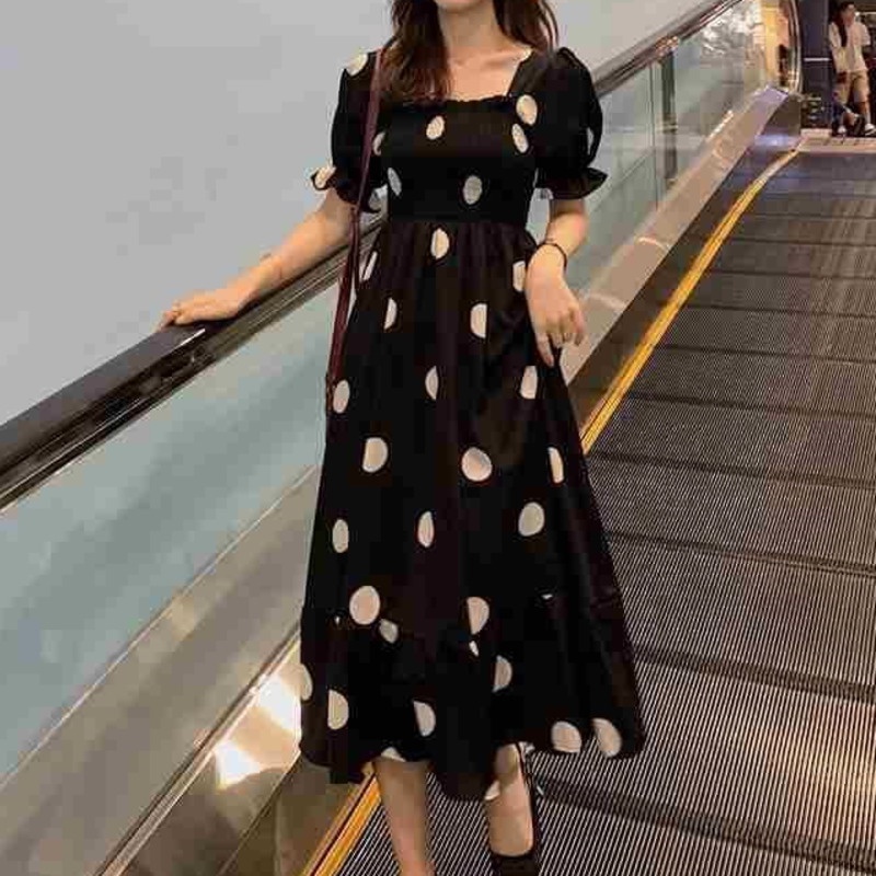 Đầm Tay Ngắn Họa Tiết Chấm Bi Dễ Thương 164182 Đầm Chiffon Dài Qua Gối Cổ Vuông Lưng Cao Thời Trang Cho Nữ