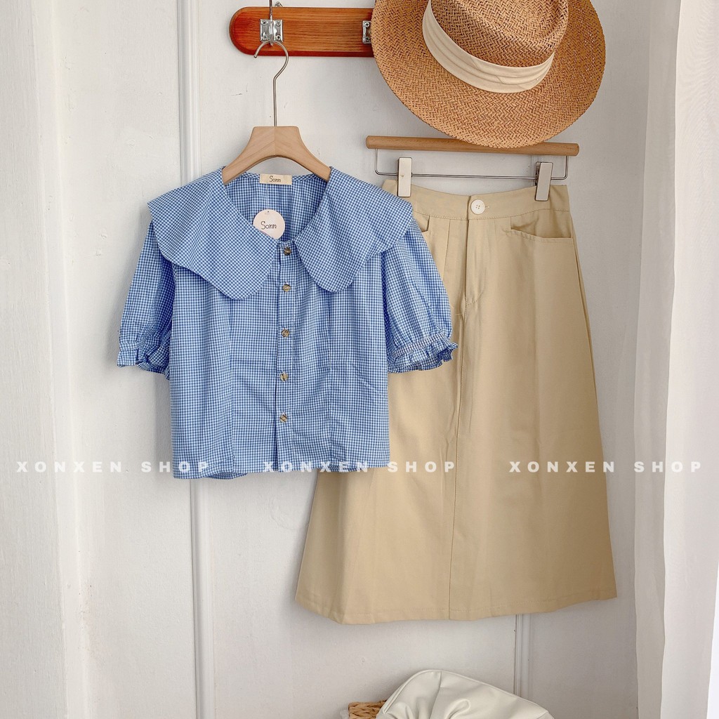 Áo kiểu caro cổ bèo chất vải mềm mịn lên form chuẩn Xonxen shop free size 76