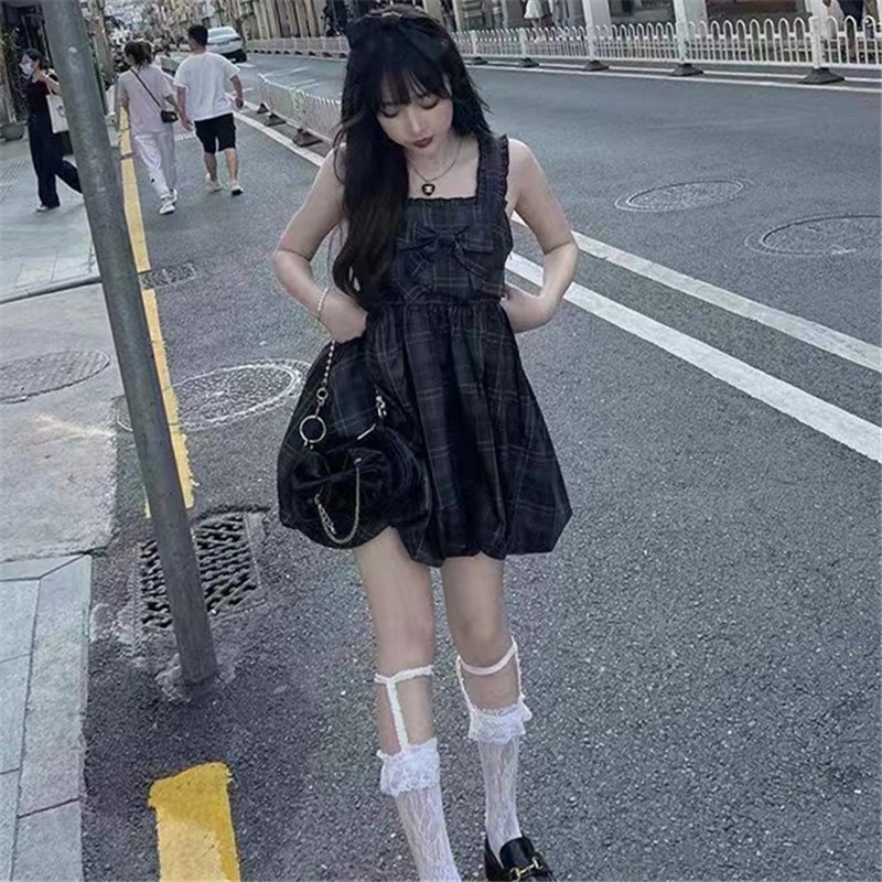 Đầm PERTY hai dây dáng xòe phồng họa tiết kẻ sọc thời trang Hàn Quốc mùa hè dành cho nữ