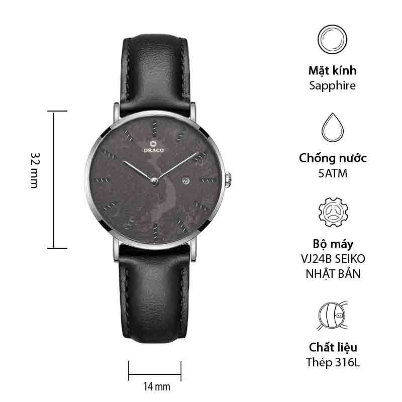 Đồng hồ nữ Draco D22-STN03 &quot;Vietnamese Girl&quot; viền bạc kết hợp chất liệu dây da bò màu đen-phụ kiện thời trang nữ