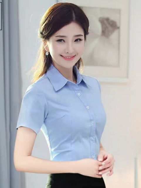 Áo sơ mi công sở nữ tay ngắn cao cấp MÀU XANH NHẠT FORM NHỎ VẢI KATE Ý BAO ĐẸP FORM NHỎ MẶC CỰC TÔN DÁNG SMXTN01