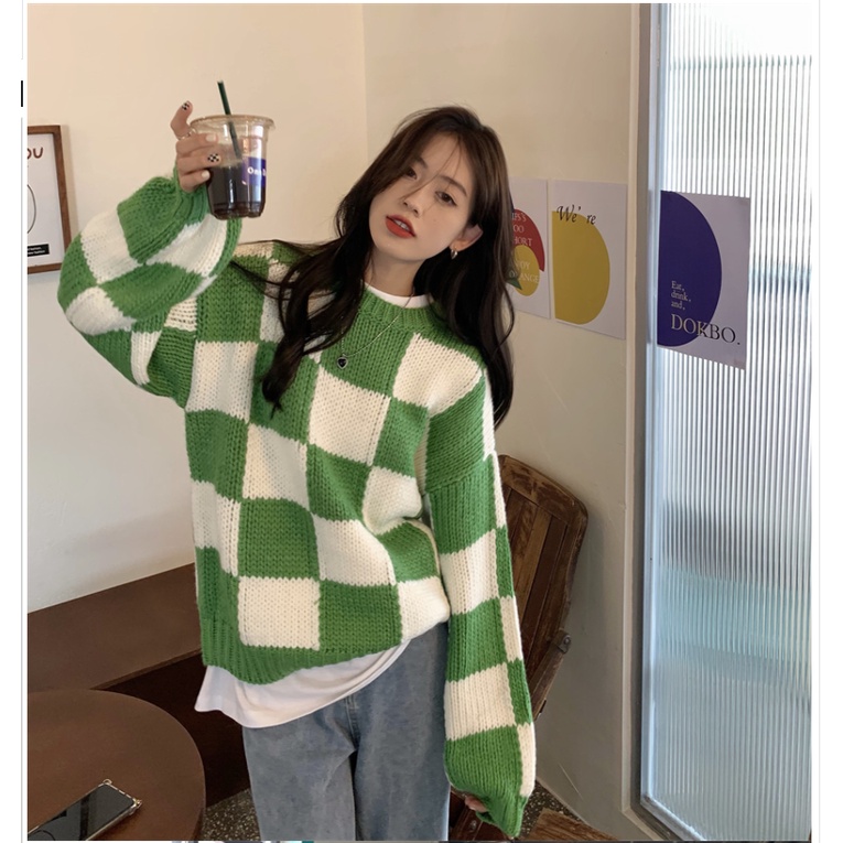Áo len nữ kẻ caro xanh lá hot trend Quảng Châu Free size