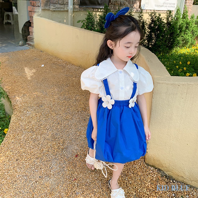 Bộ Áo Sơ Mi Phối Chân Váy Yếm Màu Xanh Dương Thời Trang Mùa Hè Xinh Xắn Cho Bé Gái