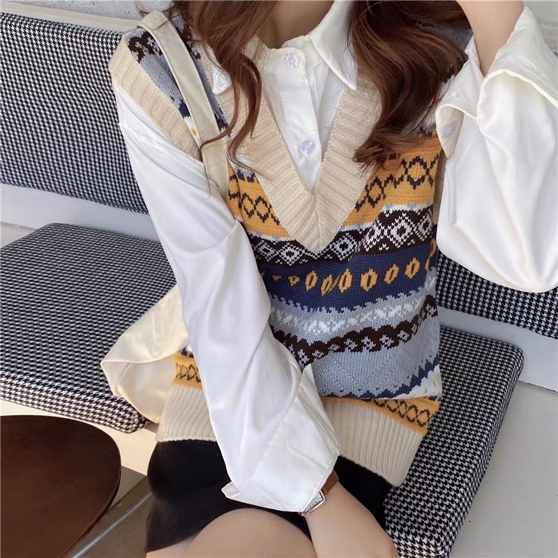 Áo gile len thổ Cẩm cổ V phong cách vintage Hàn Quốc GL01 | WebRaoVat - webraovat.net.vn