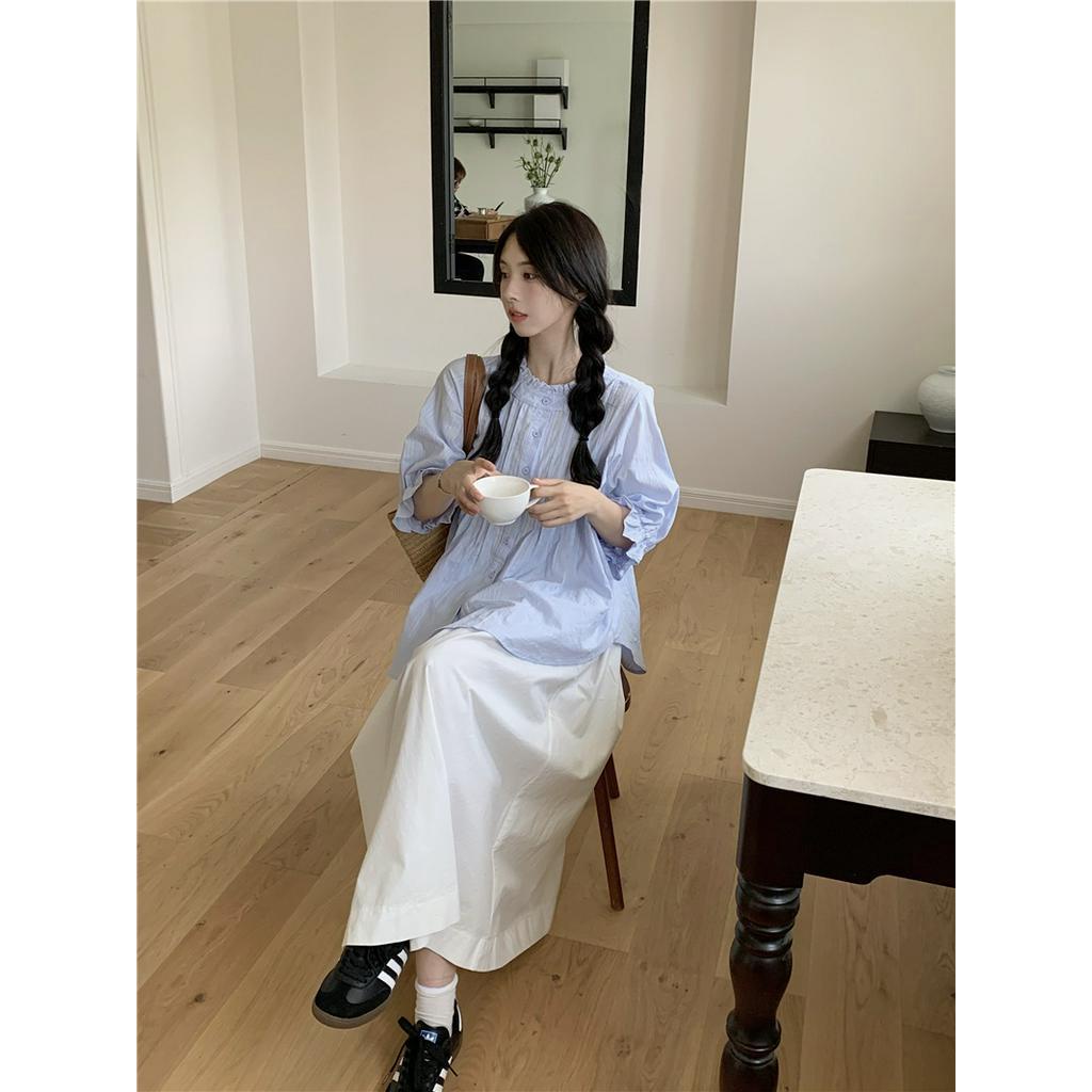 65791 Áo Sơ Mi Rộng Rãi Màu Xanh Dễ Thương / Váy Trắng
