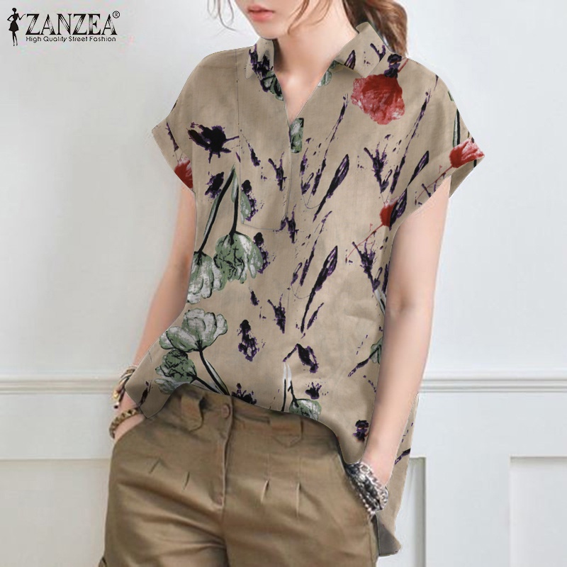 Áo sơ mi ZANZEA ngắn tay in họa tiết vintage thời trang cho nữ