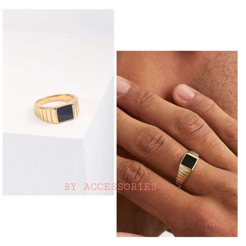 Nhẫn nam nữ titan kiểu mặt vuông đen nhỏ khía cạnh mạ vàng 18K không gỉ