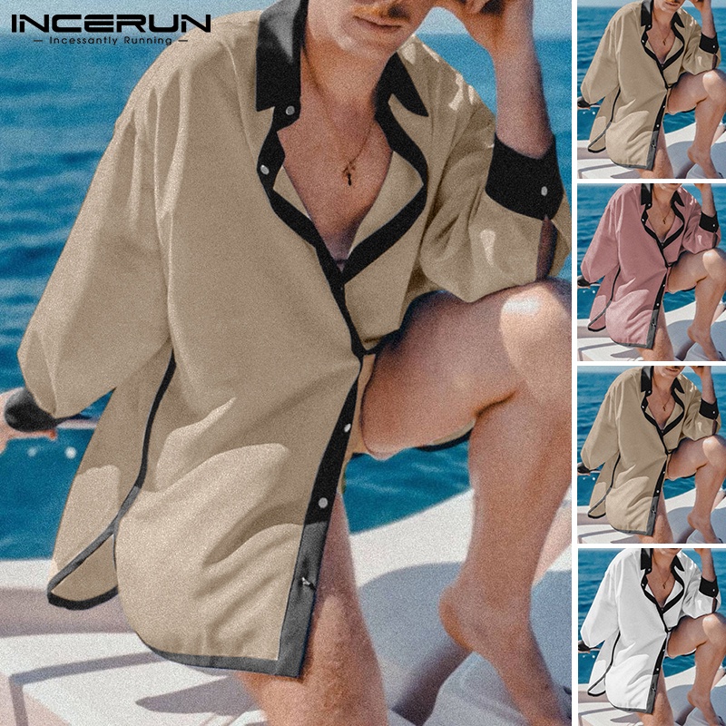 Áo sơ mi INCERUN dài tay màu sắc tương phản phối nút cá tính cho nam