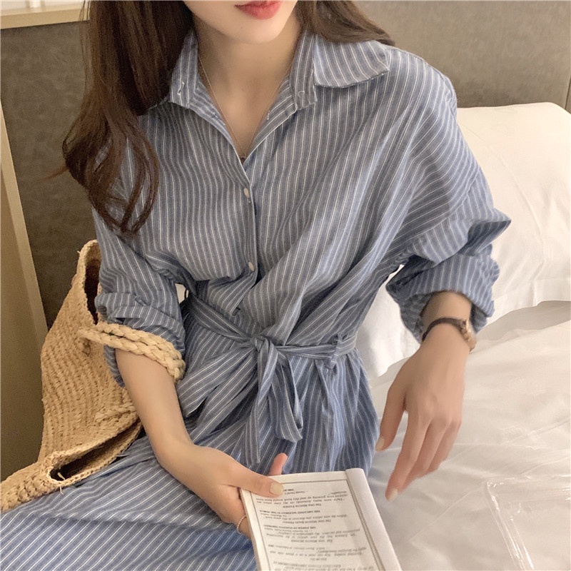 Đầm Tay Dài Dáng Rộng Kẻ Sọc Cài Khuy Kiểu Mới 45697