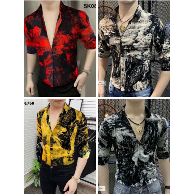 Áo sơ mi nam chất lụa họa tiết loang màu