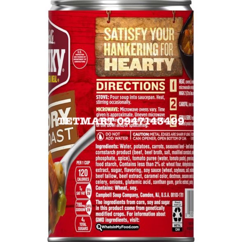 Súp thịt bò hầm rau củ quả healthy size to 533g, NK Mỹ, hãng Campbells Chunky, Savory Pot Roast, 13g protein và ít béo