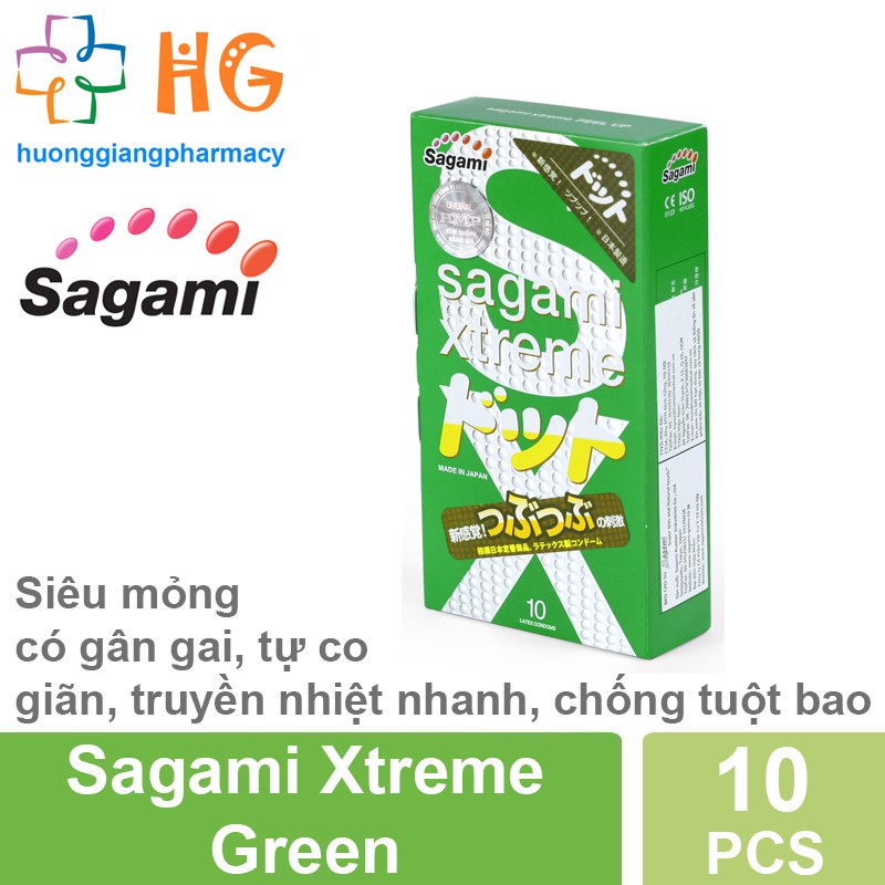 Bao Cao Su Sagami Xtreme Green - Siêu mỏng, có gân gai, tự co giãn, truyền nhiệt nhanh, chống tuột bao (Hộp 10 Cái)