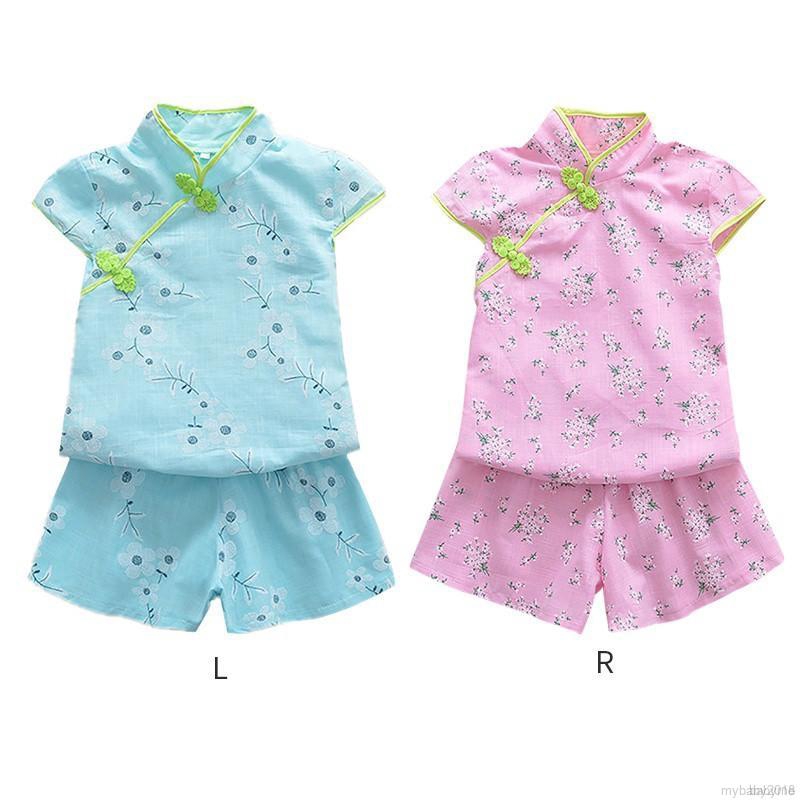 Set áo thun tay ngắn + quần dài phong cách Trung Hoa cho bé gái