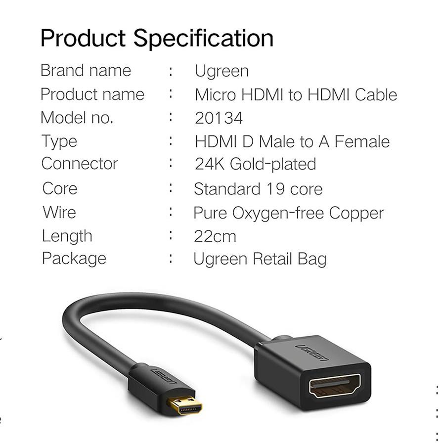 Cáp chuyển đổi micro HDMI to HDMI  dài 20cm Ugreen 20134 - Hàng chính hãng