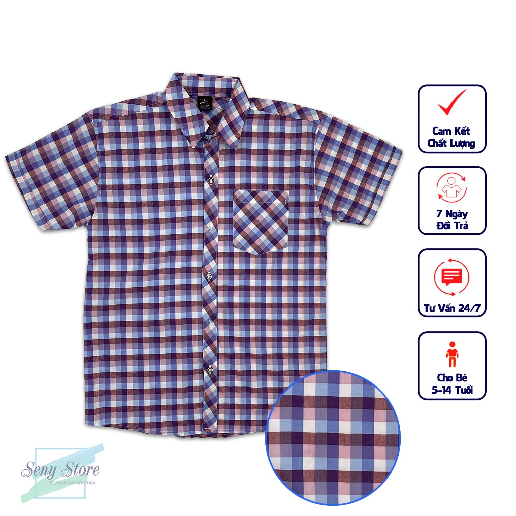 Áo sơ mi tay ngắn cho trẻ phong cách unisex sọc caro nhỏ dễ phối đồ với kaki quần sọt CRT01 - cho bé từ 14kg đến 44 kg