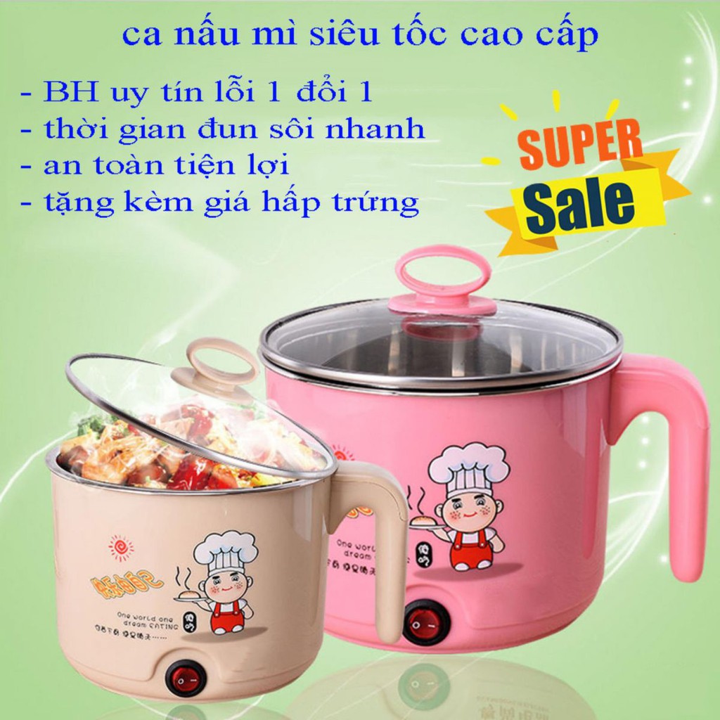 Ca Nấu Mì Đa Năng Có Tay Cầm 1,8L Kèm Giá Hấp Inox tay cầm thẳng và quặp