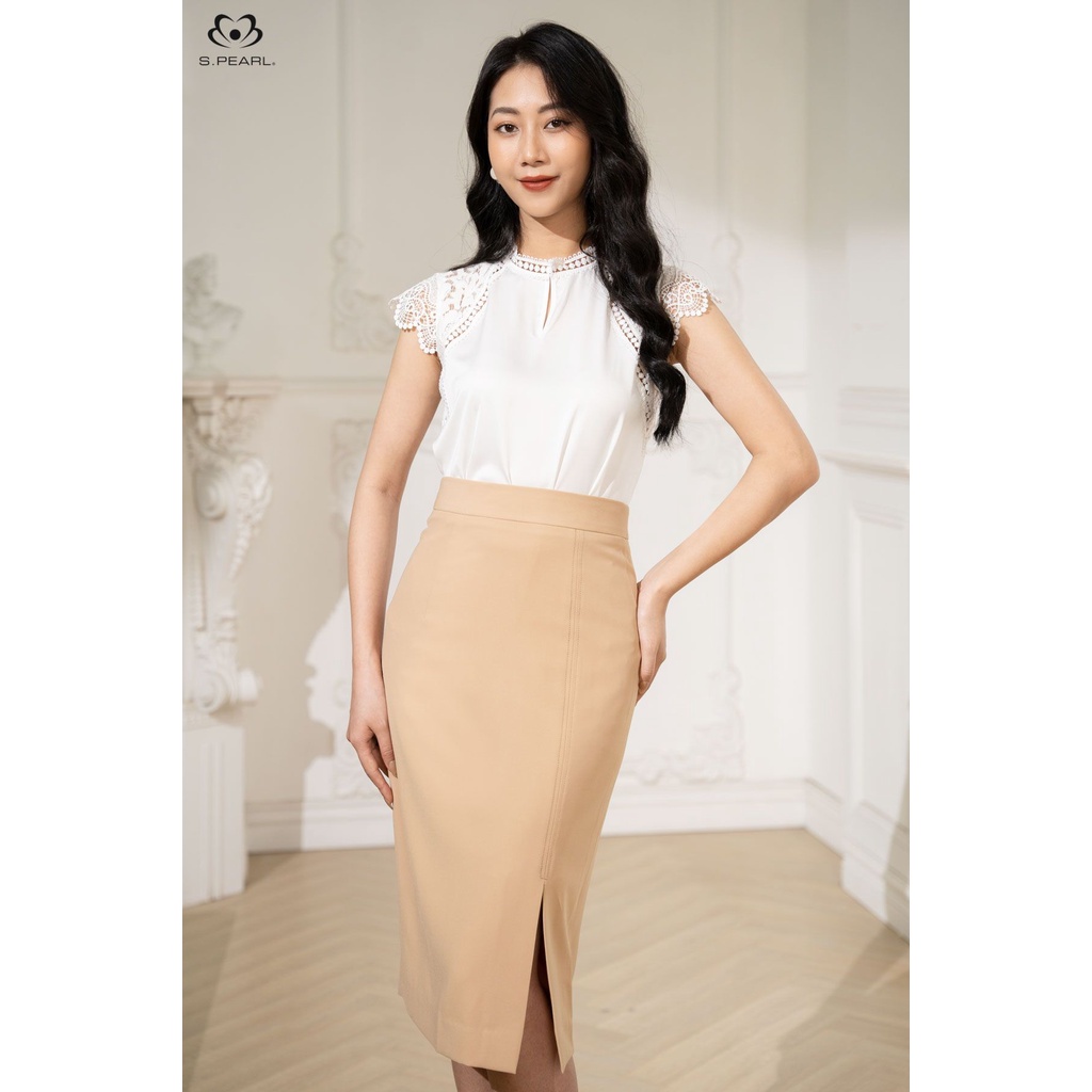 Chân váy xẻ tà Juyp dáng ôm thiết kế SPEARL màu be 21MF6892206