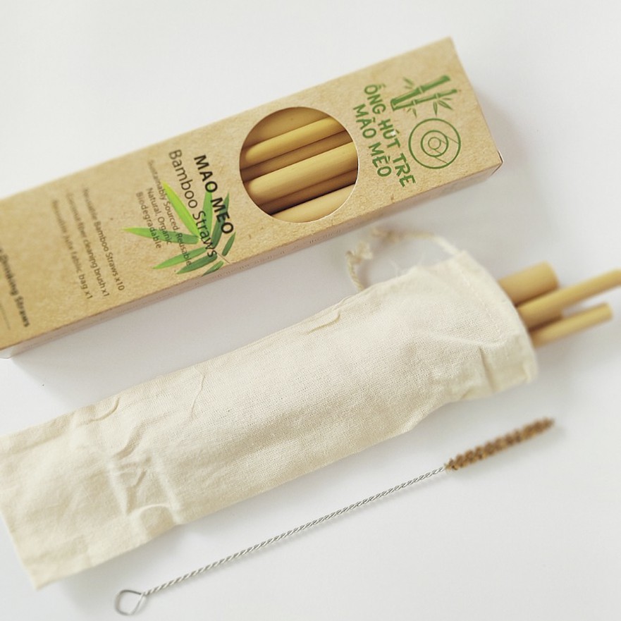 Ống hút tre xuất khẩu | Hộp 10 ống kèm cọ rửa và túi đựng Mão Mèo Bamboo Straws.