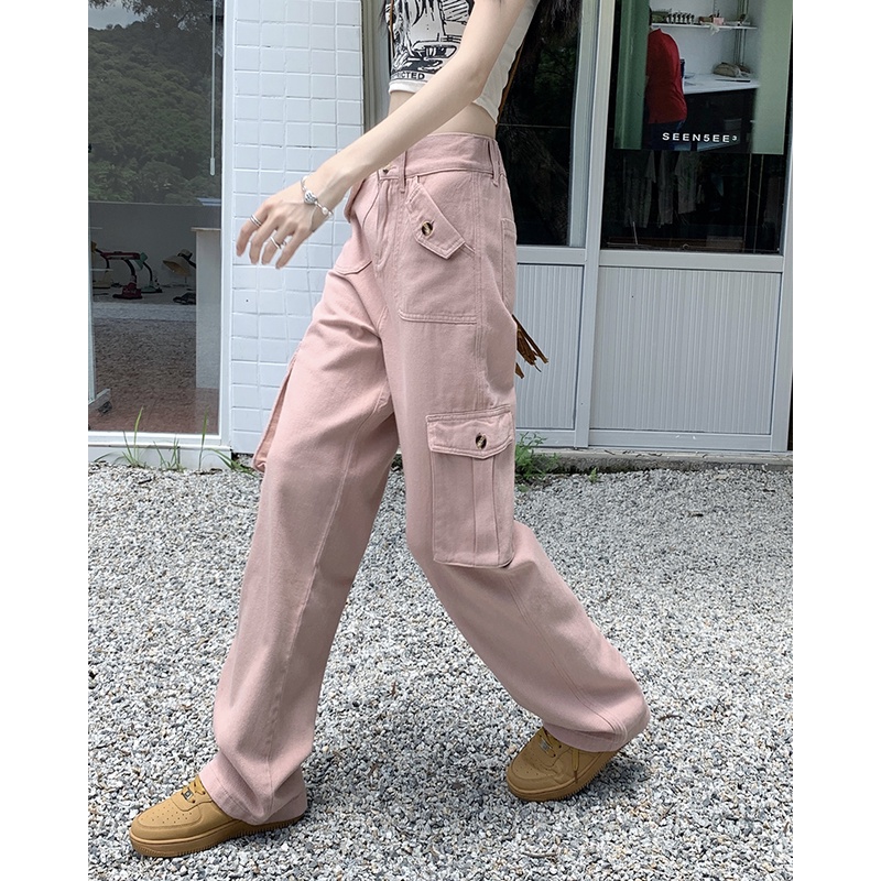 Quần dài XIAOZHAINV lưng cao ống rộng phối túi với 3 màu thời trang retro cho nữ tùy chọn