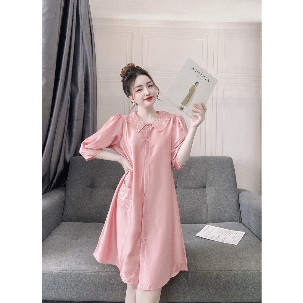 Đầm ngủ lụa satin bigsize, váy sơ mi mặc nhà MS2111