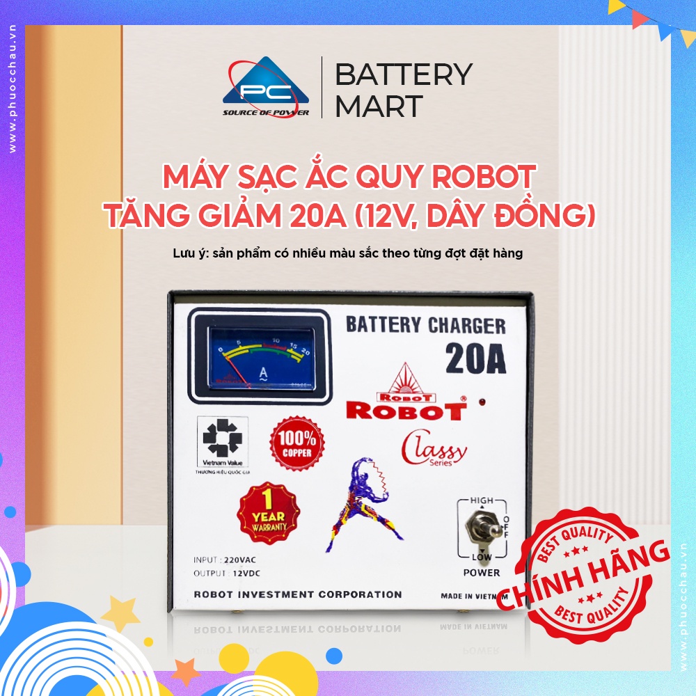 MÁY SẠC ẮC QUY ROBOT TĂNG GIẢM 20A (12V, DÂY ĐỒNG)