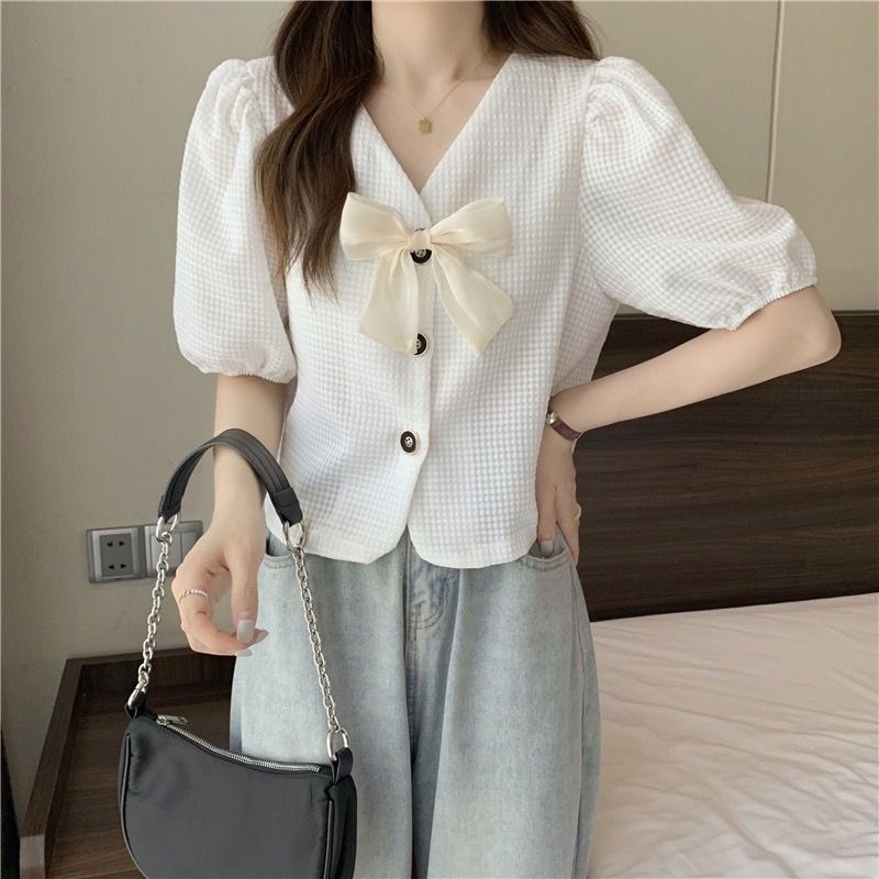 Áo Sơ Mi chiffon Ngắn Dáng Rộng Cổ Chữ V Tay Phồng Phong Cách Hàn Quốc Thời Trang Cho Nữ NZ-CS-31
