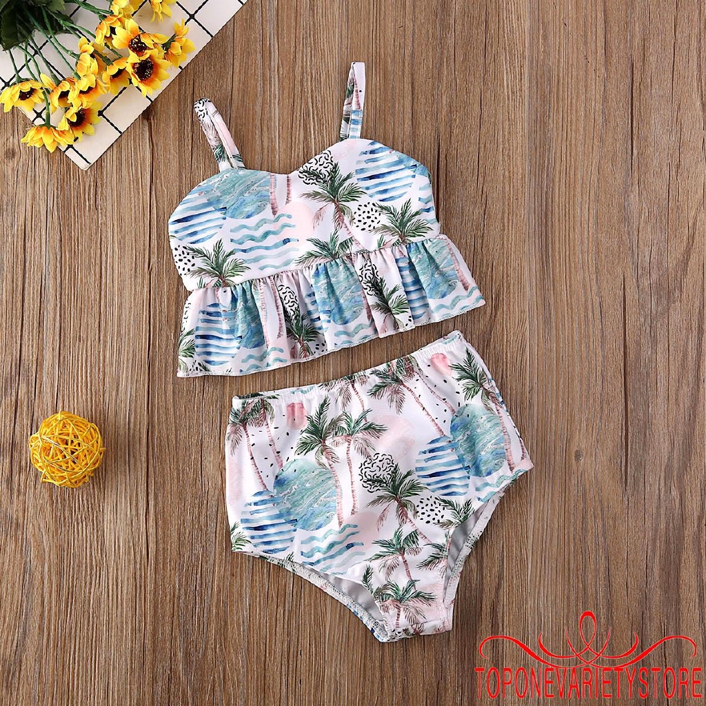 Set bikini áo không tay kèm quần in hình thời trang cho bé gái