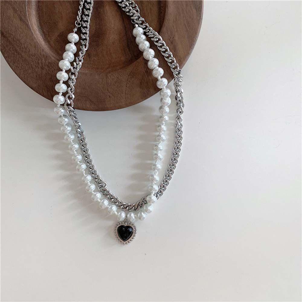 USNOW Dây Chuyền Hai Lớp Mặt Trái Tim Màu Đen Phong Cách Hip Hop Thời Trang Cho Nữ