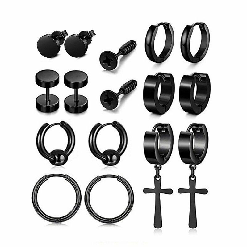 1Pair Punk Black Multiple Styles Stainless Titanium Steel Ear Stud Earrings For Men and Women Gothic Street Pop Hip Hop Ear Jewelry