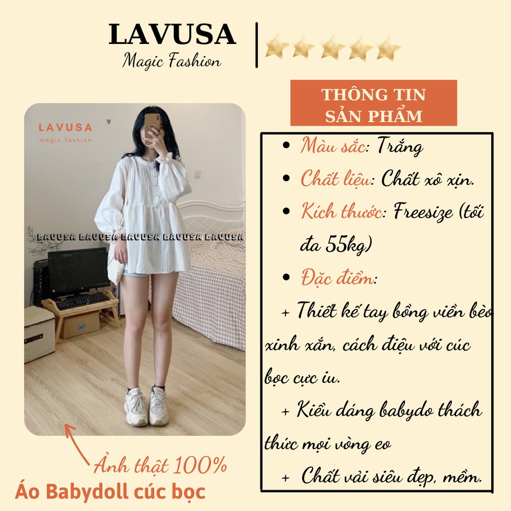 Áo Babydoll Trắng Cúc Bọc FREESHIP Áo Nữ Tay Bồng Xếp Li Ngực Cổ Tròn - Áo Kiểu Vintage LAVUSA Siêu Xinh.