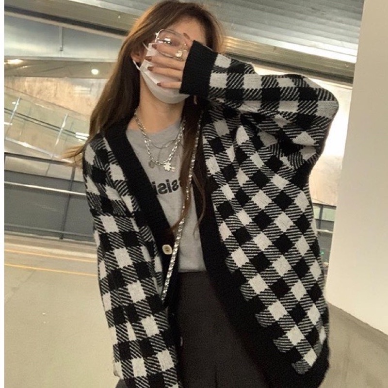 Áo khoác len cardigan kẻ ô vuông zic viền hàn quốc siêu xinh