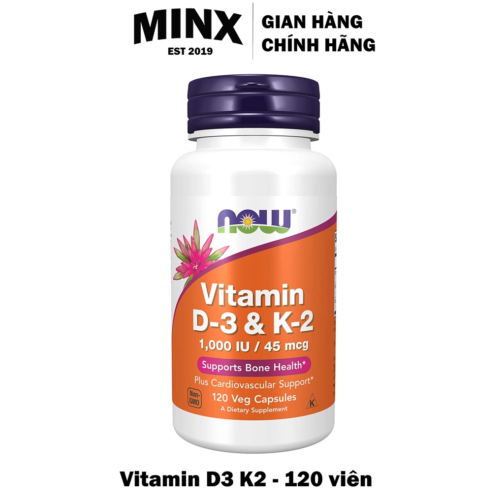 Viên bổ sung NOW Vitamin D3 K2 1000IU / 1000 IU 45mcg 120 viên - Vitamin D-3 K-2 Hỗ trợ xương khớp - MINX Store