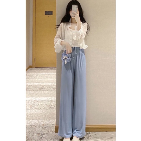 AMOI Bộ Áo Voan + Quần Ống Rộng Lưng Cao Thời Trang Hàn Quốc Xinh Xắn